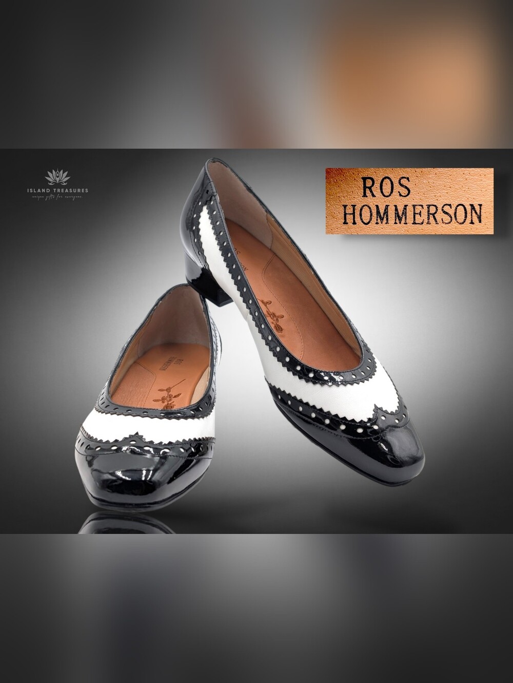 Ros Hommerson Sz 9N Black & White Women Patent Leather Wingtip Spectator Pumps